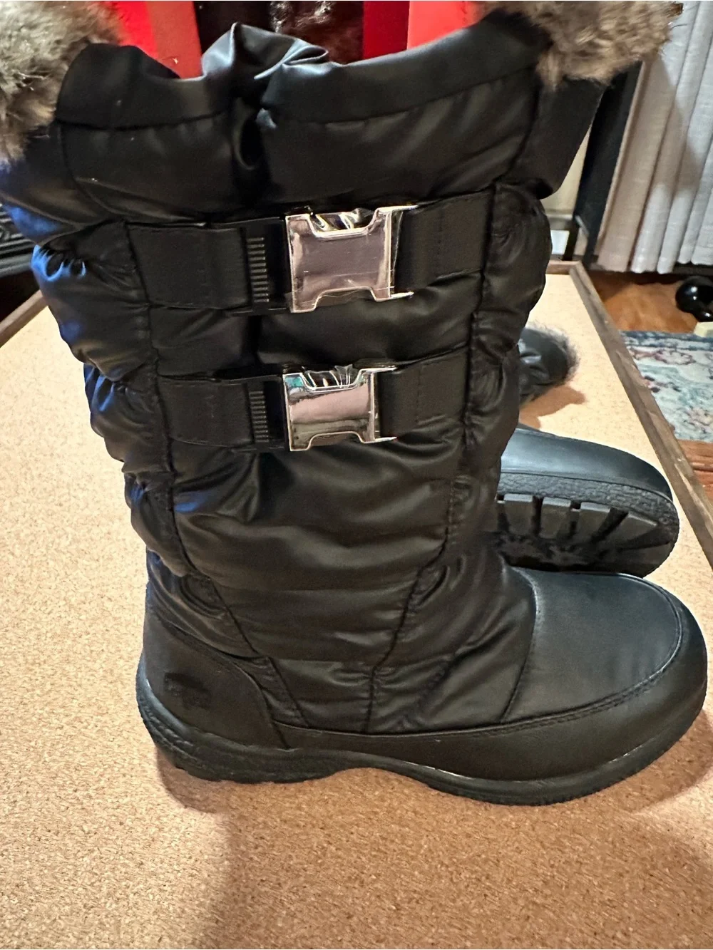 totes Black Quilted Faux-Fur Cuff Insulated Winter Boots